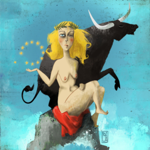 Europa als Frau sitzt vor dem Stier, in der Hand die Sterne der Europaflagge.