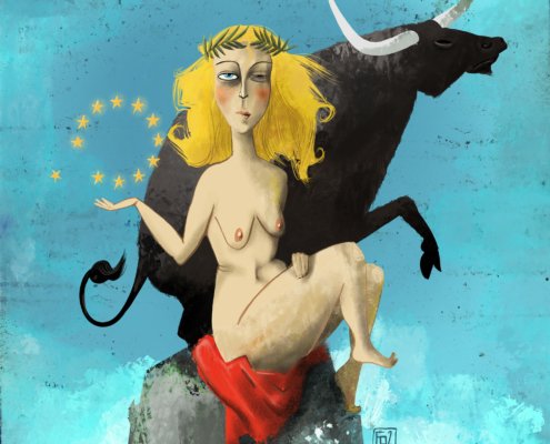 Europa als Frau sitzt vor dem Stier, in der Hand die Sterne der Europaflagge.